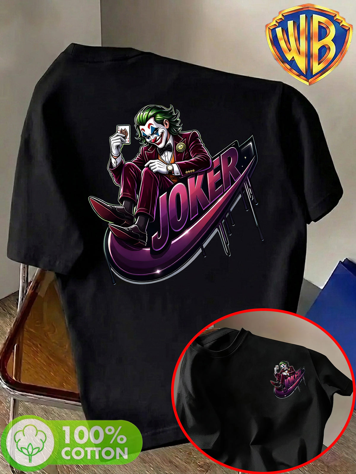 Warner Bros. Official Unisex Summer Loose-Fit Crew Neck Short-Sleeve T-Shirt, Suitable for Daily Commutes, Street Outings, City Trips, and Friend Gatherings. Features a Large Burgundy Suit-wearing Joker Sitting on Purple Graffiti Sneakers - Black