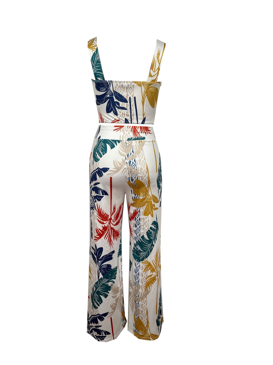Women's European and American contrasting palm tree print sleeveless tops and trousers - White