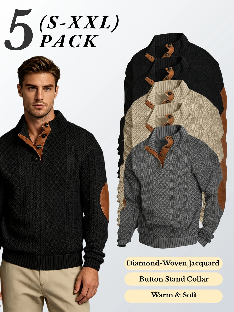 5pcs Set Men's Textured Jacquard Knit Vintage Casual Button-Up Stand Collar Long Sleeve Top, Versatile Basic Solid Color for Autumn/Winter Outings and Home Wear - Black 2 + Khaki 2 + Dark Gray