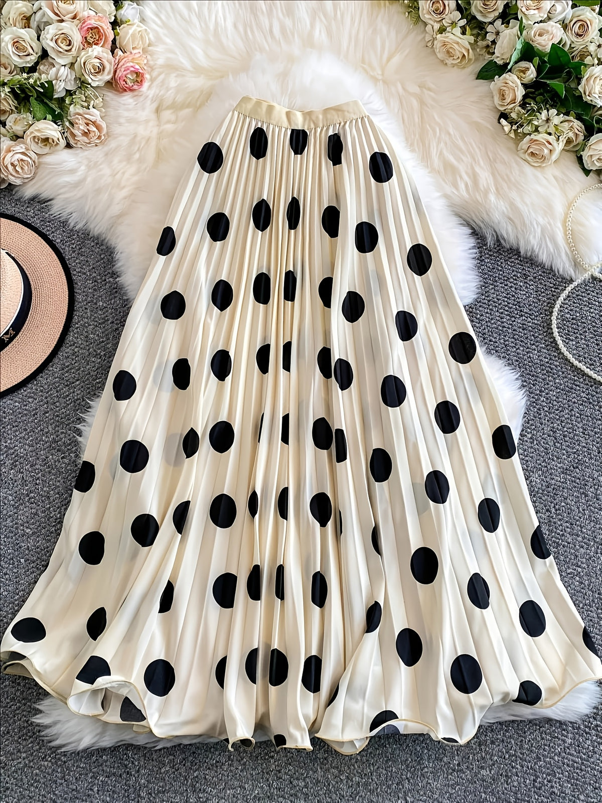 Women'S Elegant Pleated Long Skirt, Fashionable Versatile Polka Dot Half Skirt - Apricot