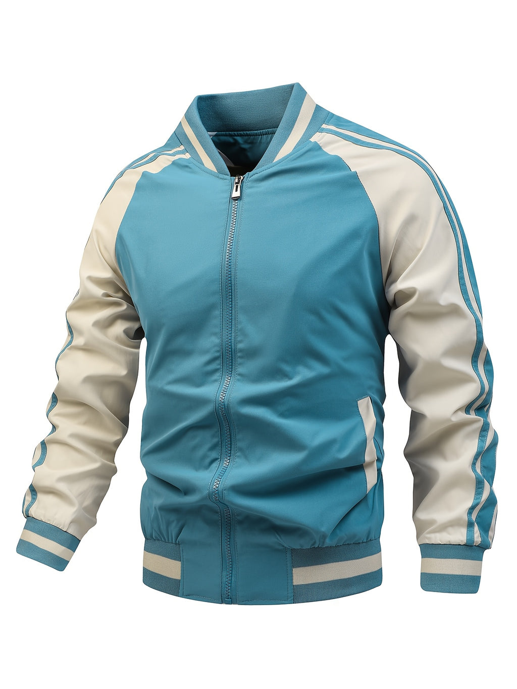 Men's Spring/Autumn Color-Block Striped Lightweight Jacket with Mesh Lining, Casual Outerwear, Outdoor Sports Baseball Jacket, Raglan Sleeve Design, Cropped Style - Sky Blue