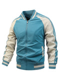 Men's Spring/Autumn Color-Block Striped Lightweight Jacket with Mesh Lining, Casual Outerwear, Outdoor Sports Baseball Jacket, Raglan Sleeve Design, Cropped Style - Sky Blue