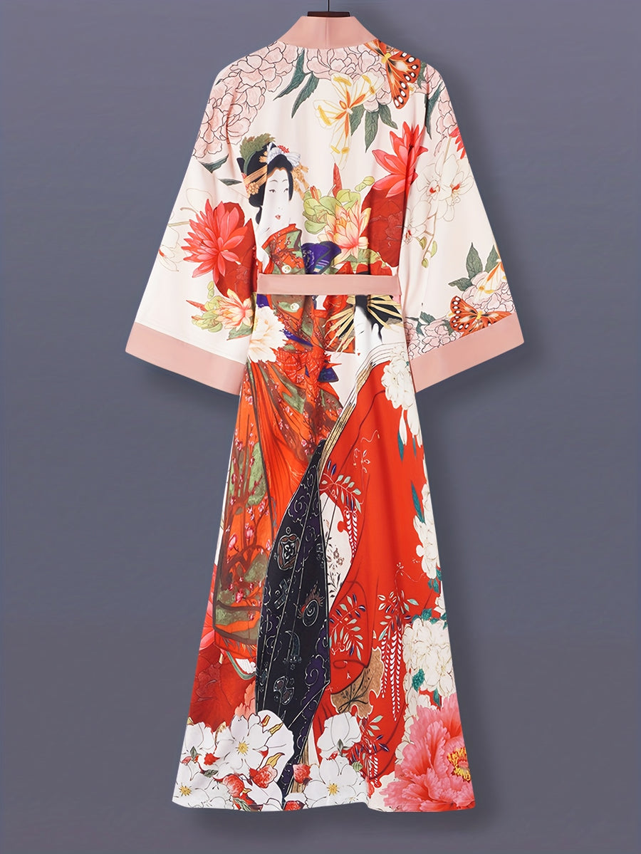 Japanese Printed Mid-Length 3/4 Sleeve Kimono Cardigan Thin Jacket Women'S Western Elegant Ethnic Style Street Casual Cover-Up Outerwear Beach Travel Vacation Cape Japanese Style Thin Cloak Jacket Home Yukata Belt Bathrobe Cover-Up - Pale Pinkish Gray