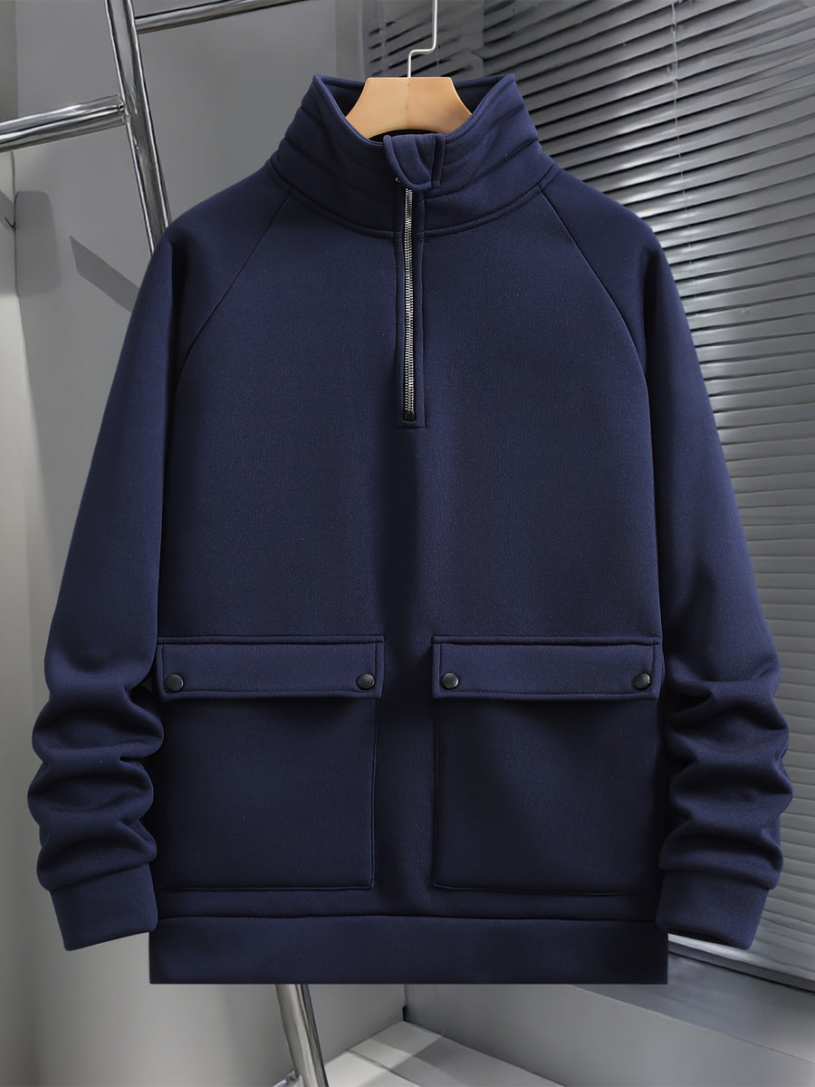 Men's Fashion Raglan Sleeve Sweatshirt with Half-Zip Open Neckline, Autumn/Winter Casual Versatile Long-Sleeve Sweatshirt - Navy Color