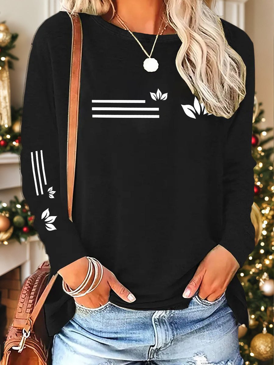 1pc Petal Pattern Striped Print New Y2K Style Women'S Elegant Autumn Winter Casual Athletic Long Sleeve Single Sleeve Comfortable Breathable Top - Black