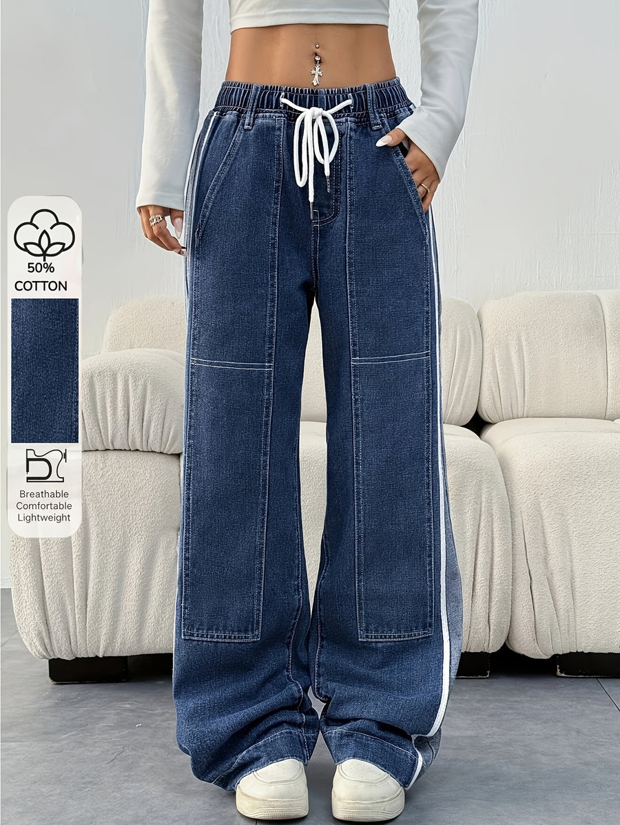 Women's Casual Style Paper Bag Waist with Drawstring Design, Loose-fit Jeans Featuring Side Slant Pockets, Patchwork Paneling, and Tape Detailing - Medium Blue