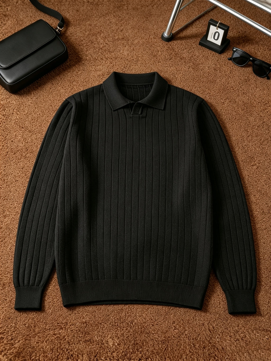 Single-piece Men's Black Heavyweight Knit Polo Sweater with Lapel, Small V-Neck Opening, Vertical Ribbed Texture, Solid Color, Ribbed Cuffs, Simple Business Style, Loose Drop-Shoulder Fit for Autumn/Winter, Suitable for Commuting, Work, and Daily - Black