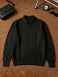 Single-piece Men's Black Heavyweight Knit Polo Sweater with Lapel, Small V-Neck Opening, Vertical Ribbed Texture, Solid Color, Ribbed Cuffs, Simple Business Style, Loose Drop-Shoulder Fit for Autumn/Winter, Suitable for Commuting, Work, and Daily - Black