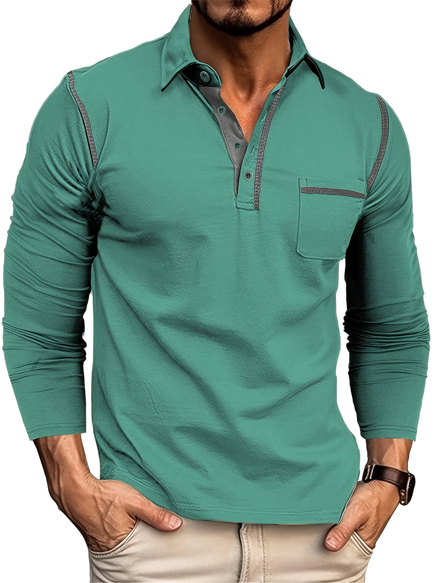 KJ-P029 Men's Long Sleeve Henley Shirt with Contrast Color Placket and Pocket Design, Stretchy, Comfortable, and Casual Polo for Daily Commuting Wear - Green