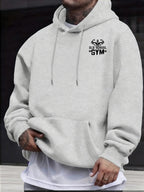 Men's Casual Sweatshirt with Letter Print, Drawstring Hood, Long Sleeve Pullover with Pocket - Light Grey