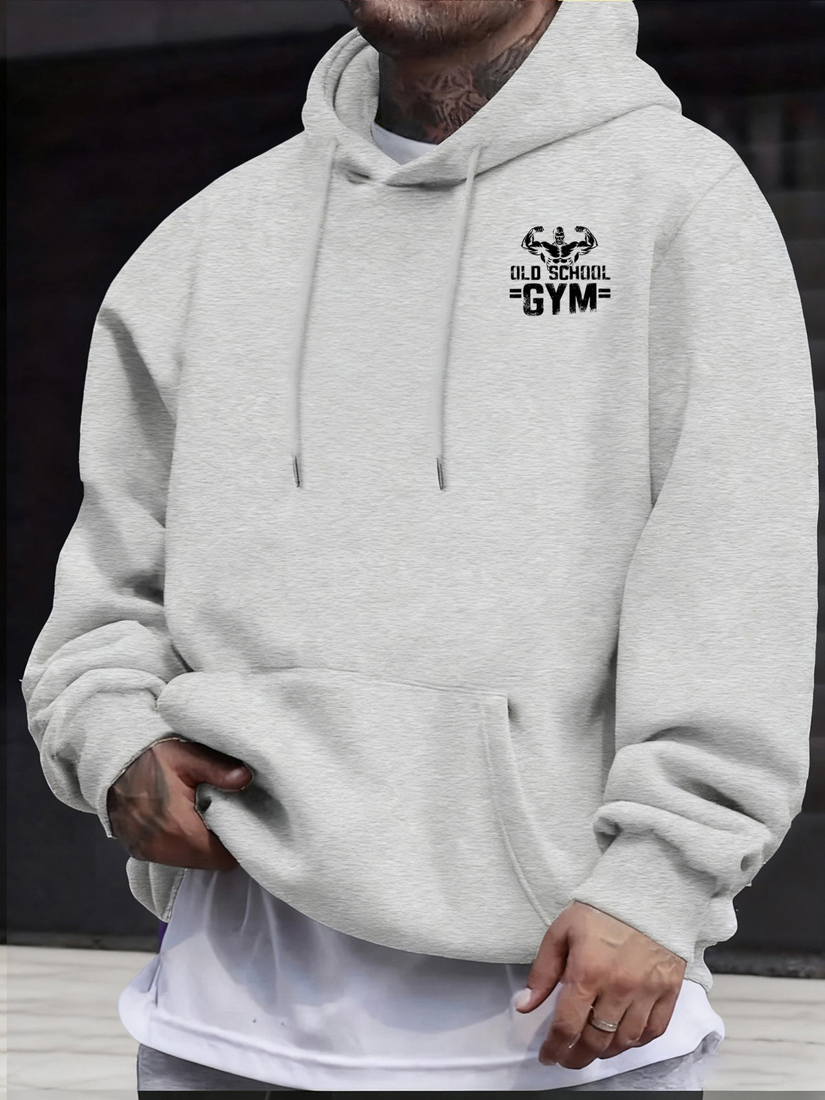 Men's Casual Sweatshirt with Letter Print, Drawstring Hood, Long Sleeve Pullover with Pocket - Light Grey