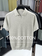 100% High Quality Light Luxury Style Men'S Short Sleeve Seagull Collar Pullover Knit POLO Shirt Fashion Casual Suitable for Outdoor Sports Golf Base Layer Top Vertical Stripe Pinstripe Texture Hollow Design Easy Commuter Light Business Style Lapel C - Light Beige Gray