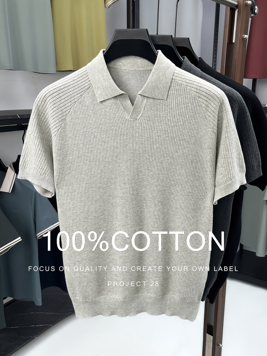 100% High Quality Light Luxury Style Men'S Short Sleeve Seagull Collar Pullover Knit POLO Shirt Fashion Casual Suitable for Outdoor Sports Golf Base Layer Top Vertical Stripe Pinstripe Texture Hollow Design Easy Commuter Light Business Style Lapel C - Light Beige Gray