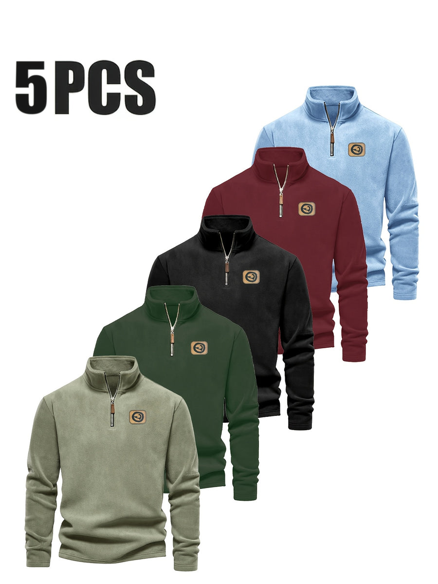 Men's Half-Zip Pullover Top, 5pcs, Soft and Skin-Friendly, Versatile for Daily Casual and Sportswear - Mint Green + Dark Green + Sky Blue + Dark Red + Black