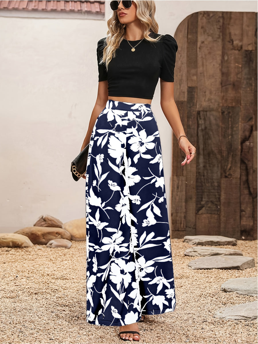 Elegant Wide-Leg Long Pants with Floral Prints for Women - Navy Color