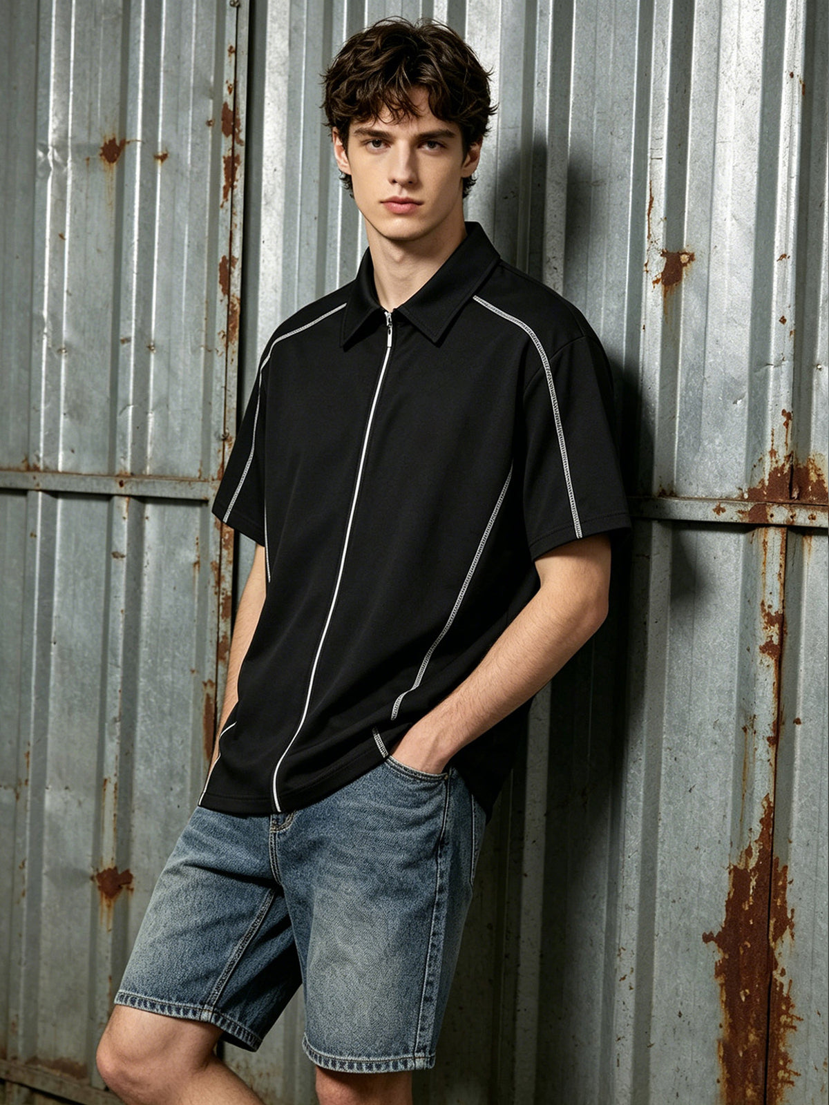 1 Men's Loose Fit Drop Shoulder Full-Zip Contrast Stitching Short Sleeve Polo Shirt, Breathable Ultra-Lightweight Quick-Dry Casual Zip-Up T-Shirt, Wear-Resistant Anti-Pilling Loose Functional Short Sleeve, Suitable for Outdoor Leisure, Outings - Black