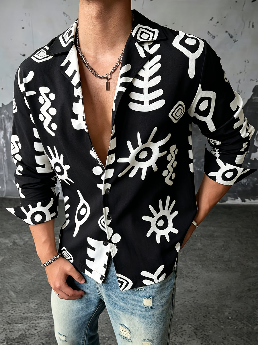 Men'S Casual Vacation Travel Style Fashion Abstract Pattern Shirt, Lightweight Loose Long Sleeve, Material, Comfortable Commuter Top - Black