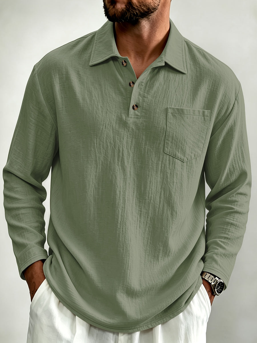 Men'S Linen Long Sleeve Polo Shirt with Chest Pocket - Military Green