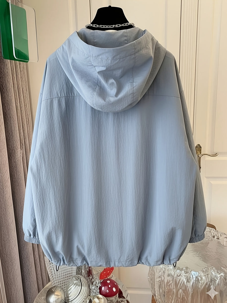 Women'S Cape-Style Hooded Coat, Long Sleeve, with Drawstring, Double Zipper Detail, And Pockets - Grey