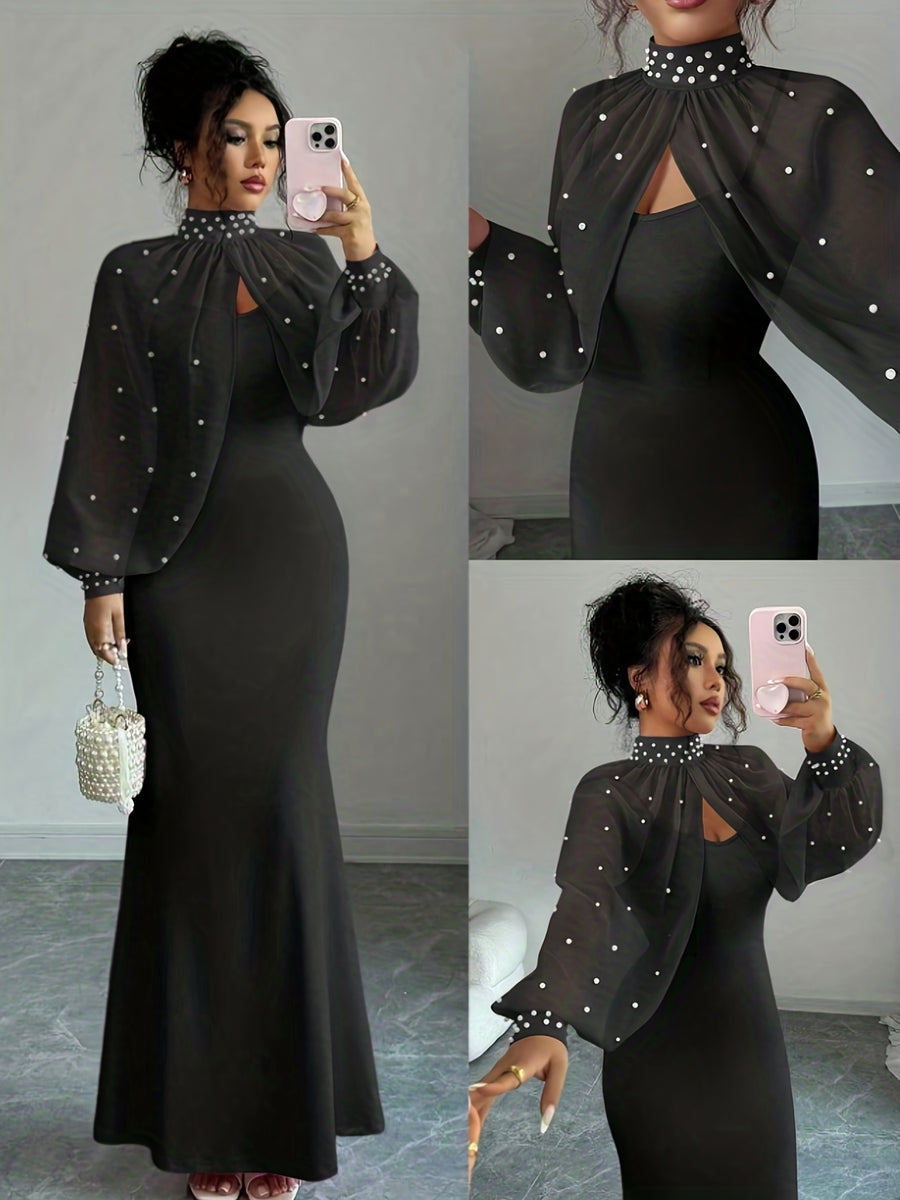 WY251221079 Elenzga New Elegant and Sophisticated Evening Gown, Dignified and Gentle, Dreamy, Hand-beaded Long-Sleeve Top, Graceful Mermaid Fit Slip Dress Set, Women's Elegant Bridesmaid Dress - Black