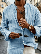 [Know And Give OBM] 2pcs Men'S Small Lapel Long Sleeve Shirt Set, Breathable Button-Up Casual Top, Lightweight Solid Color Thin Shirt, Suitable for Summer Daily Beach Wear - Navy Blue + Light Blue
