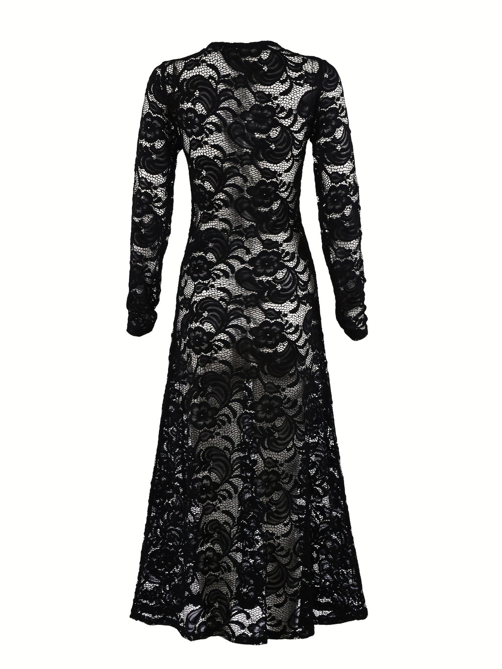 Women's Elegant Lace Semi-Sheer Dress Suitable for Winter - Long Sleeve -Line Dress with Oversized, Round Neck Formal Dress for Weddings, Church Events & Special Occasions - Black