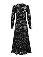 Women's Elegant Lace Semi-Sheer Dress Suitable for Winter - Long Sleeve -Line Dress with Oversized, Round Neck Formal Dress for Weddings, Church Events & Special Occasions - Black