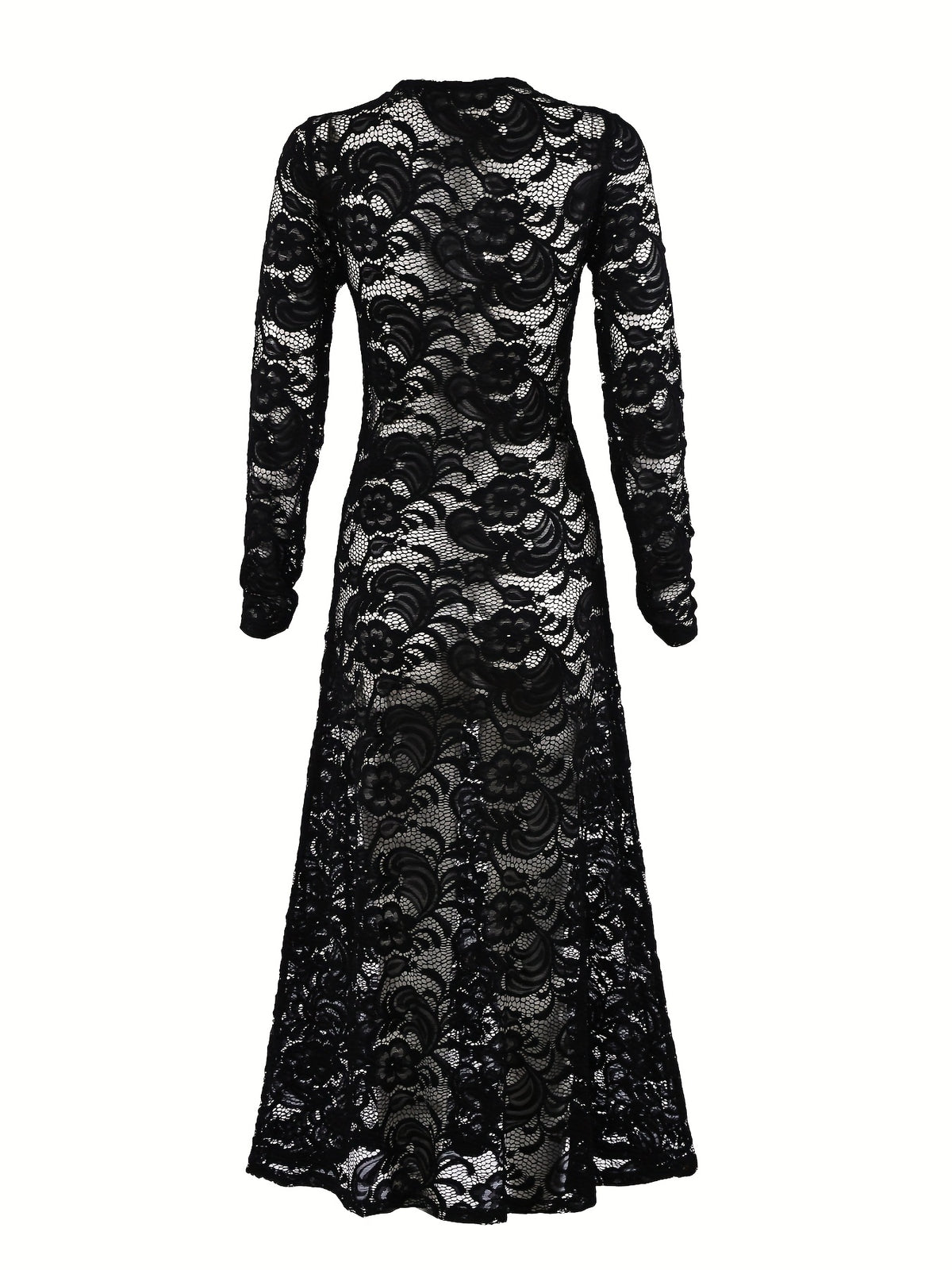 Women's Elegant Lace Semi-Sheer Dress Suitable for Winter - Long Sleeve -Line Dress with Oversized, Round Neck Formal Dress for Weddings, Church Events & Special Occasions - Black