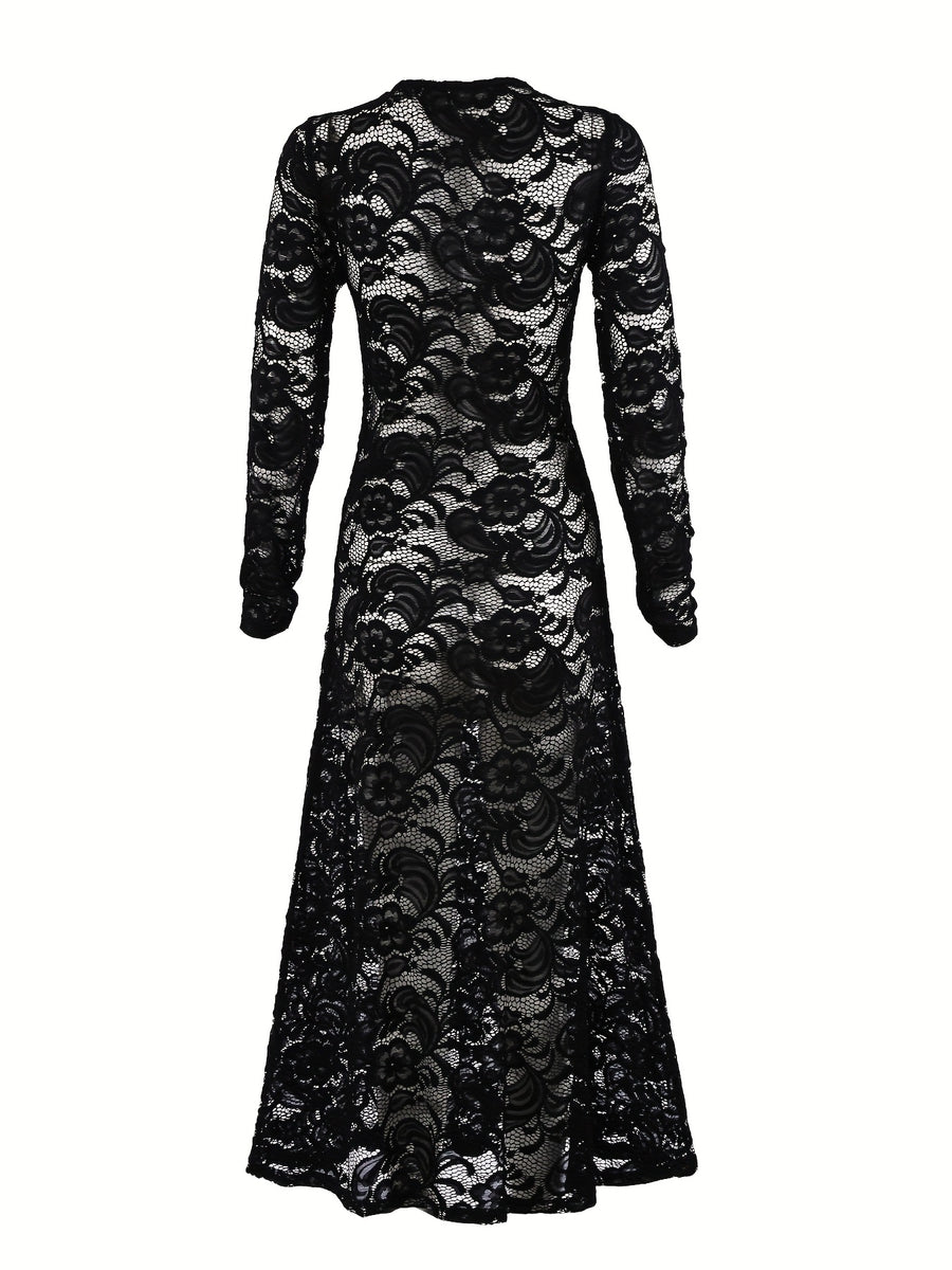 Women's Elegant Lace Semi-Sheer Dress Suitable for Winter - Long Sleeve -Line Dress with Oversized, Round Neck Formal Dress for Weddings, Church Events & Special Occasions - Black