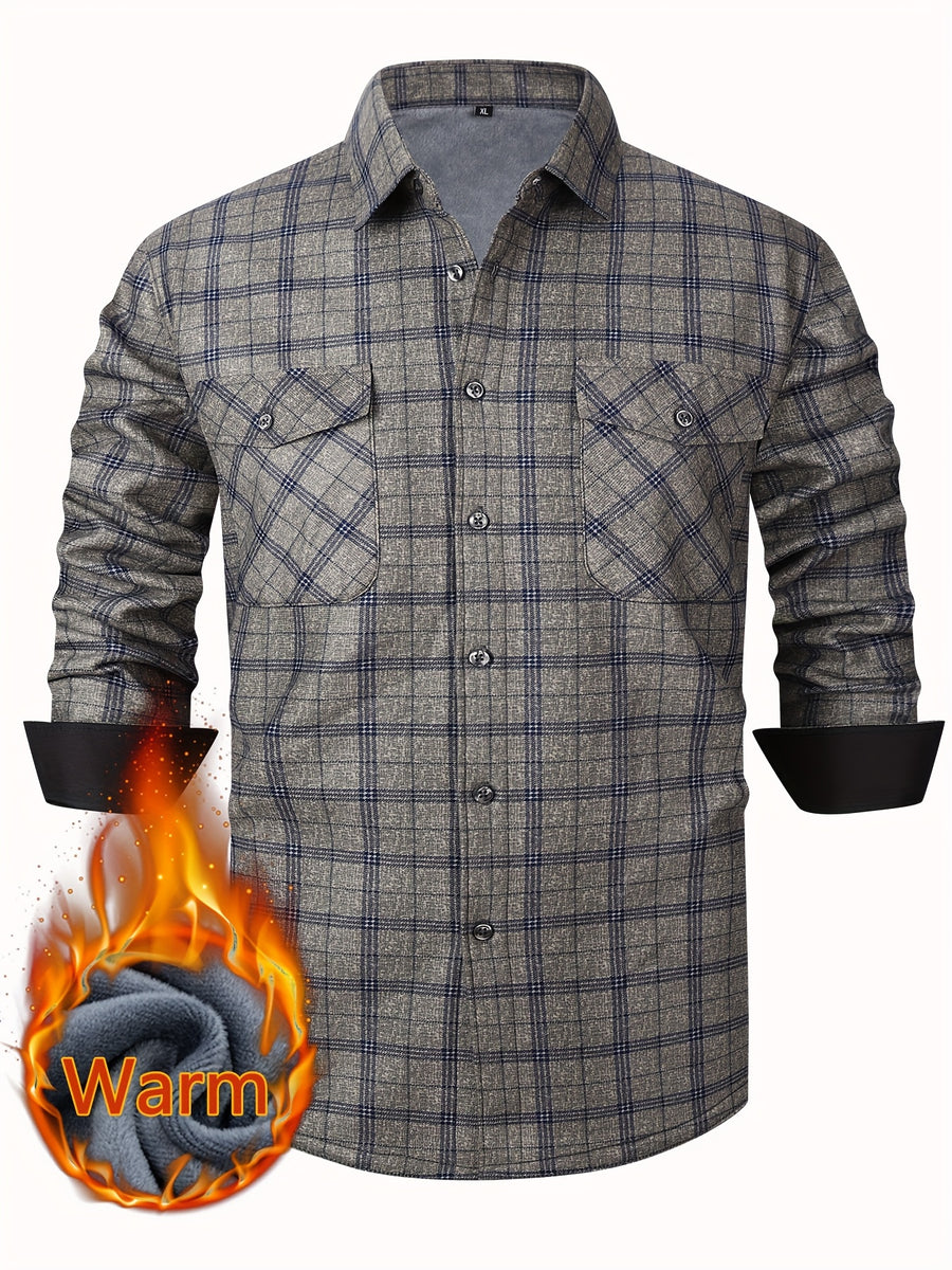 Autumn/Winter Plaid Flannel Shirt for Men, -Lined, Thickened, Warm, Long-Sleeve Workwear Jacket, Casual Top, New Season - Lead Color