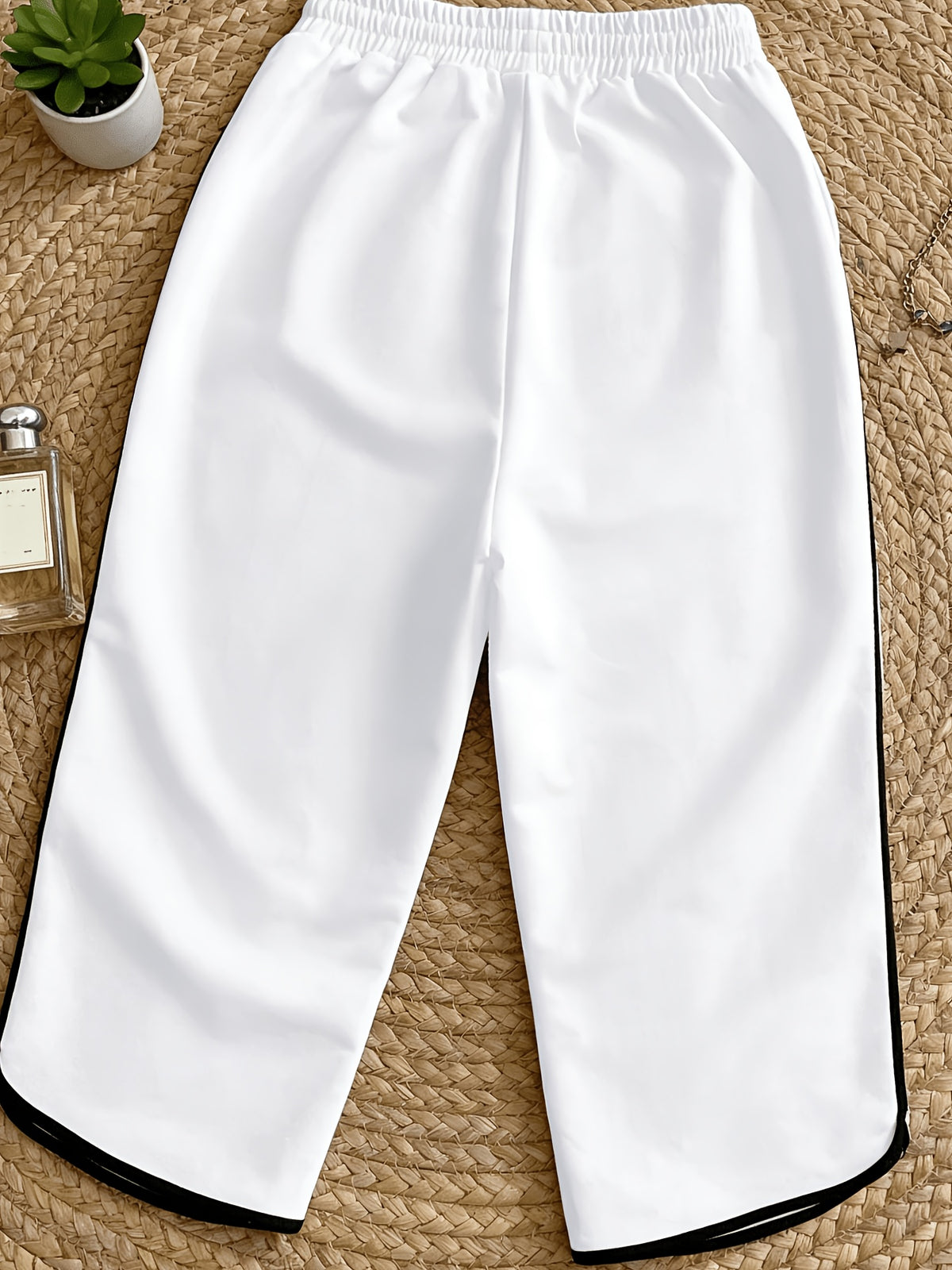 Women'S Pants, Easy Lazy Style American Retro Capri Pants, Elastic Waist Drawstring Design, Loose Contrast Trim Capri Pants, Comfortable Home Casual Trousers - White