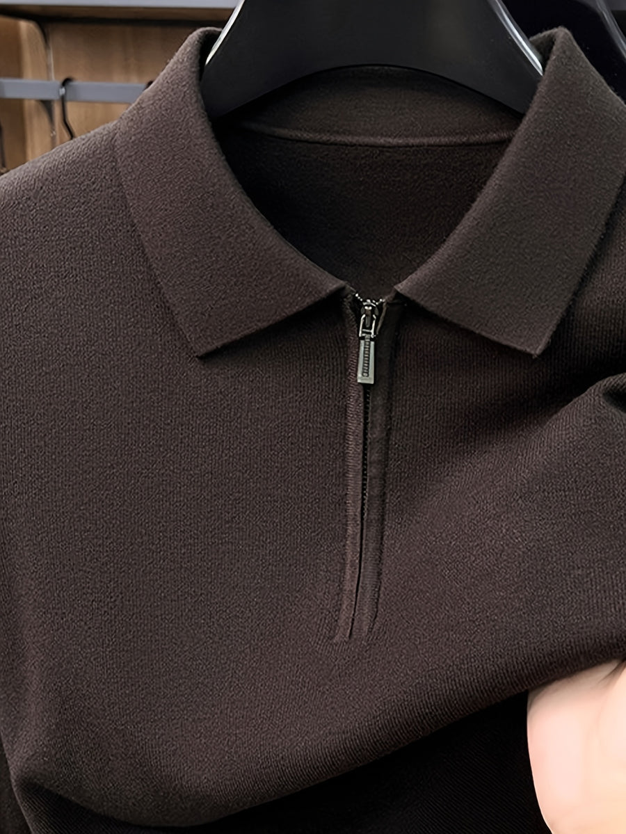 Men's Polo Collar Half-Zip Knit Sweater, Solid Color Minimalist Light Business Knit Pullover, Suitable for Spring, Autumn, and Early Winter, for Commuting and Casual Wear - SINBOS - Carbon brown