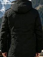 DIFFELEMENT Outdoor Hardcore Men's Workwear Style Mid-Length Hooded Parka Coat, Windproof Hood with Fleece-Lined Thickened Lamb's Interior, Double-Breasted Placket with Buttons, Multiple Pockets, Cold-Resistant, Wear-Resistant, Wrinkle-Resistant - Black