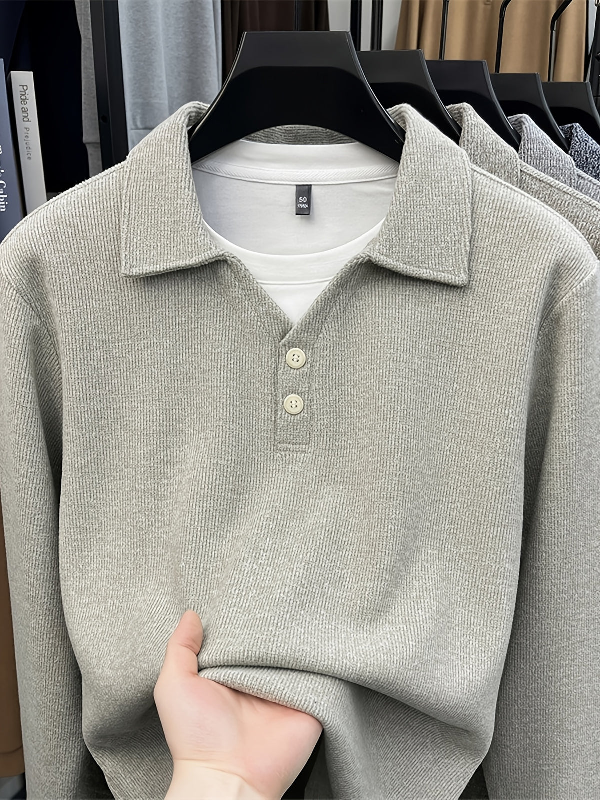 New Autumn/Winter Men's Pullover, Faux 2pcs Long Sleeve Lapel Knit Sweater, Geometric Pattern Men's Button-Up Sweater, Business Casual Fashion Versatile Solid Color Men's Top, Suitable for Daily Outings in Spring and Autumn, Men's Gift, First Choice - Beige Color