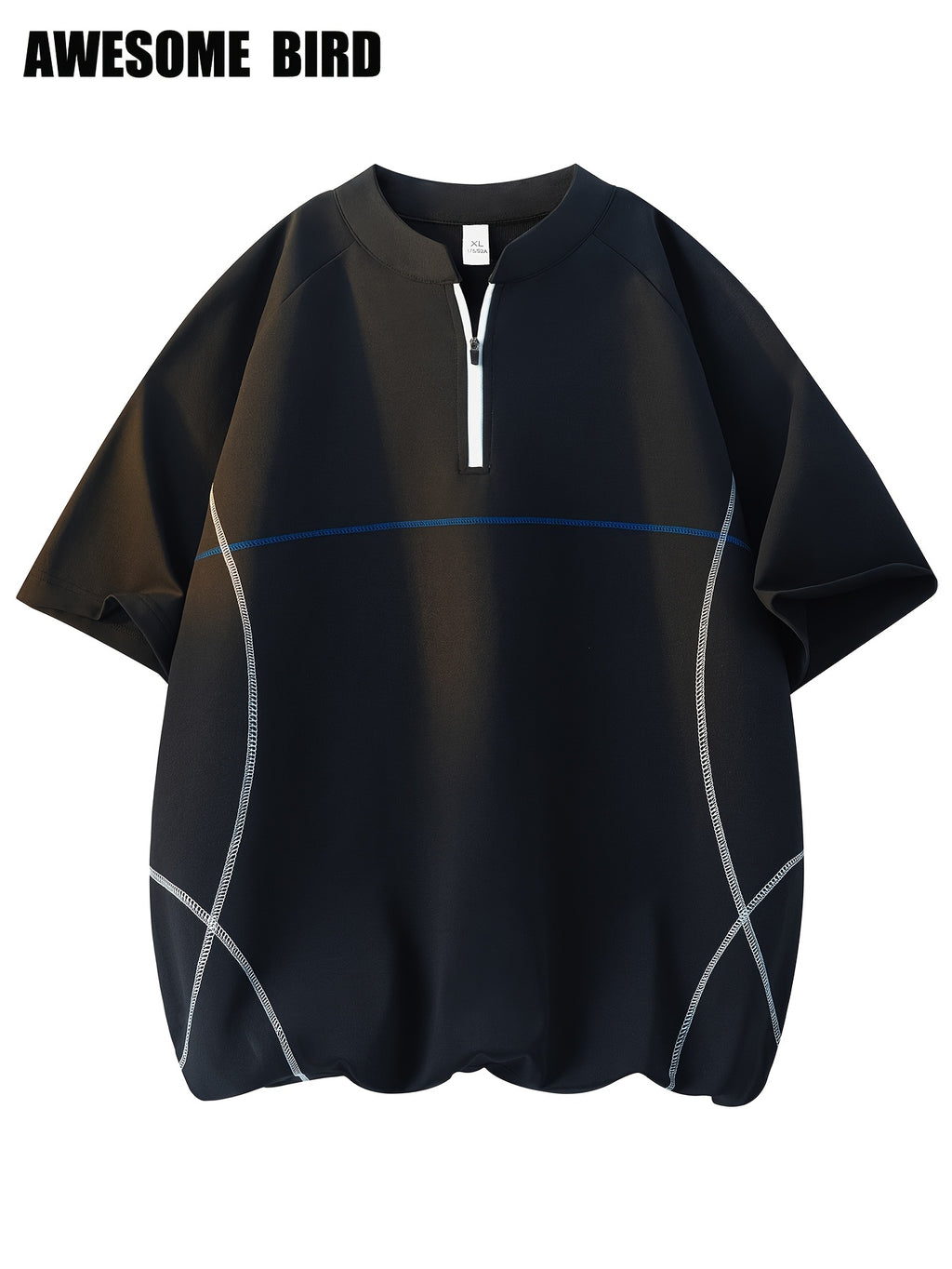 American Summer Couple Lightweight Quick-Drying Color-Blocking Half-Zip Raglan Sleeve Sports Short-Sleeved T-Shirt Men'S Training - Black