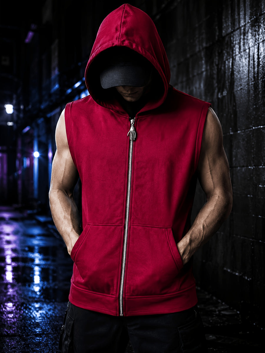 Men'S Sleeveless Hooded Zipper Sweatshirt, Skull Zipper Head Casual Vest - Red