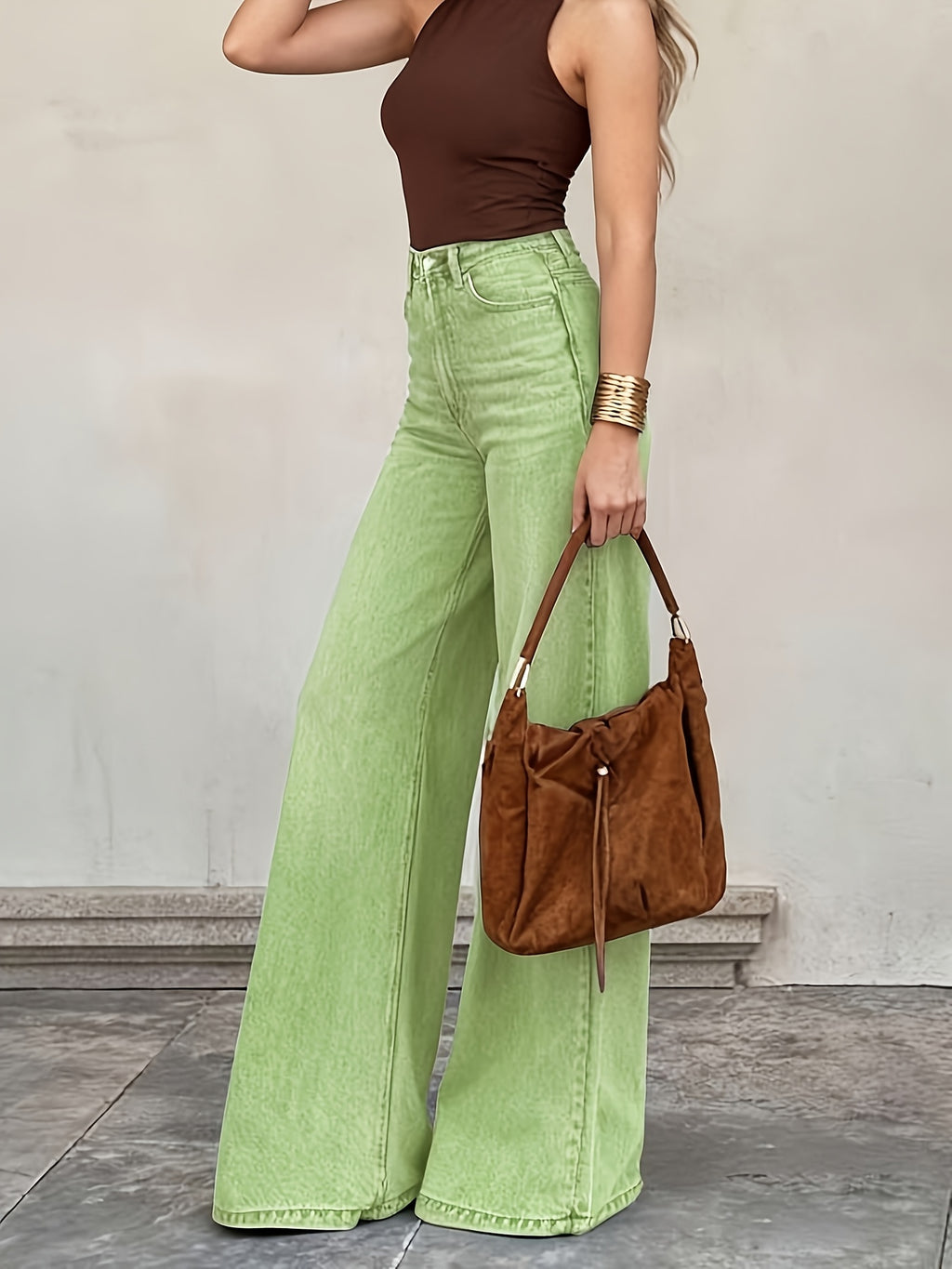 New Halloween Essential Straight-Leg Stretch Comfortable Casual Elegant Apple Green Denim Long Pants for the Holiday - Yellow-green