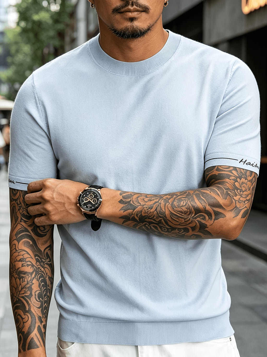 Men' Summer Short-Sleeve Knit Shirt with White-Trimmed Cuff - Stretchable Round Neck -Compatible Suitable for Urban Streetwear & Business Casual, Solid Color Multi-Color Tunic Top for Commuting and Office Wear - Tianqinglan