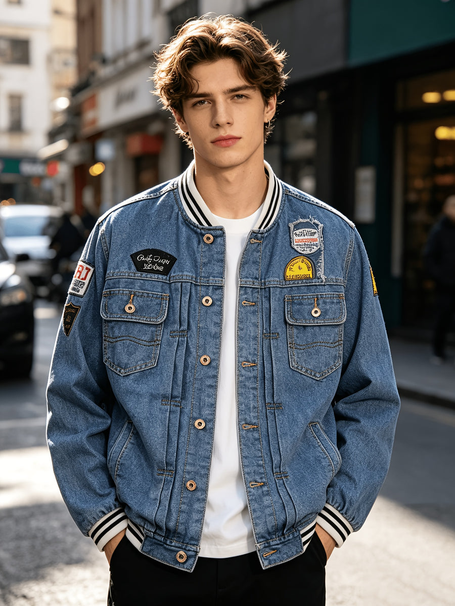 Embroidered Badge Denim Jacket Men'S Slim Fit Denim Jacket Spring And Autumn New 2026 Autumn And Winter Fashion Street Trend Casual Versatile Denim Jacket - Vintage Blue
