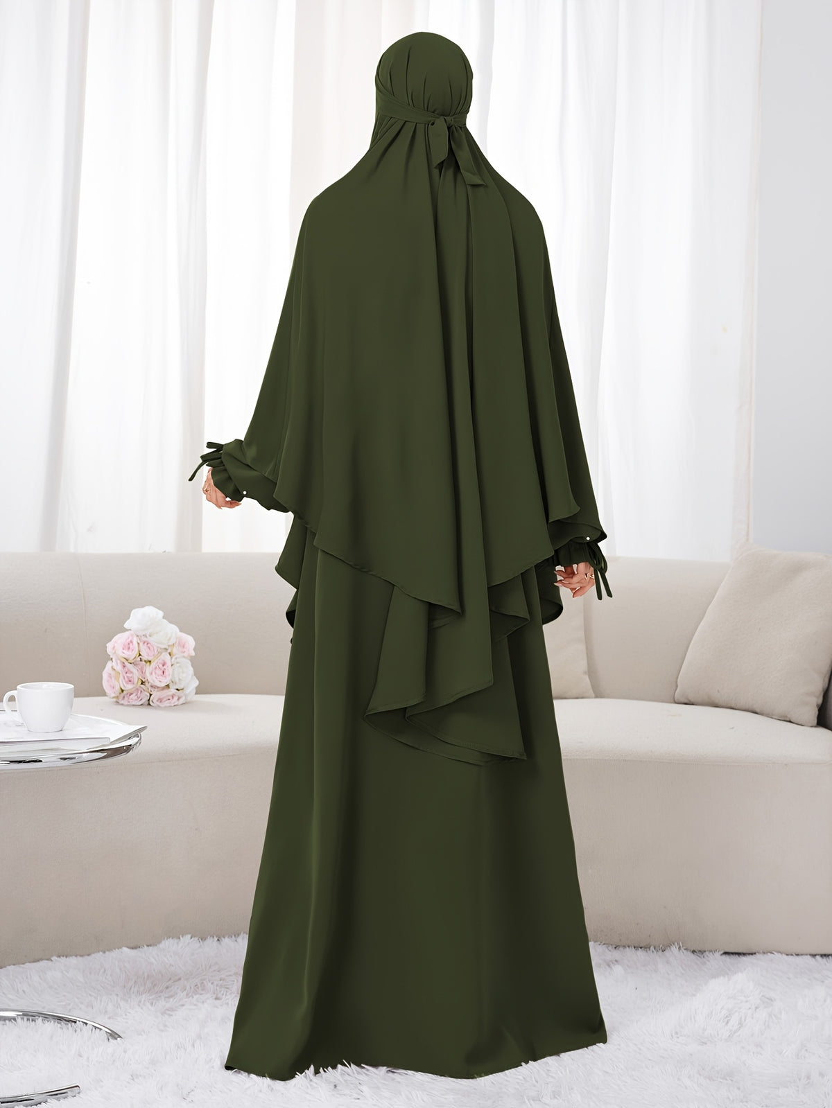 Women's 2pcs Modest Islamic Abaya & Khimar Suit - Elegant Full Coverage Prayer Dress with Headscarf, Pure Color Muslim Dress Suitable for Daily Wear, Hajj, Ramadan, Travel - Abaya Robe for Muslim Women - Olive Green