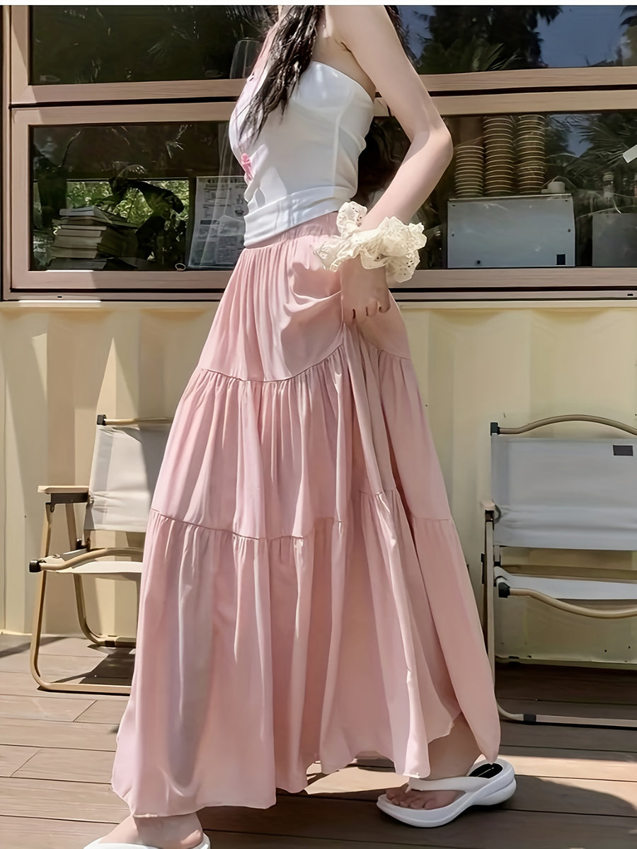 High-Waisted Skirt Elegant Casual A-Line Layered Skirt Spring And Summer Women'S Clothing Sweet Pink Long Pleated Cake Skirt - Pale Pinkish Gray