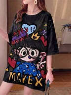 Summer New Fashion Trend Large Size Women's Slim Loose Medium Long Cartoon Short-sleeved T-shirt - Black