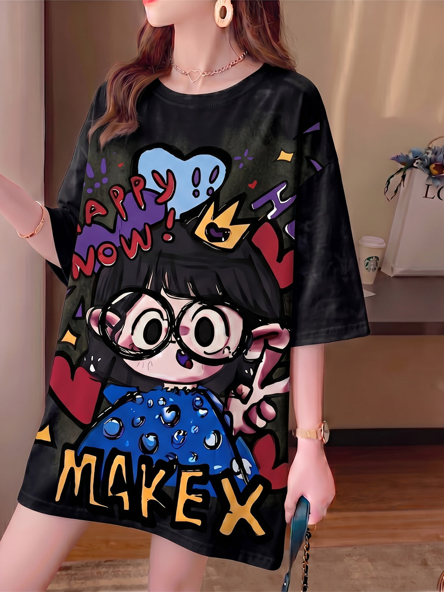 Summer New Fashion Trend Large Size Women's Slim Loose Medium Long Cartoon Short-sleeved T-shirt - Black