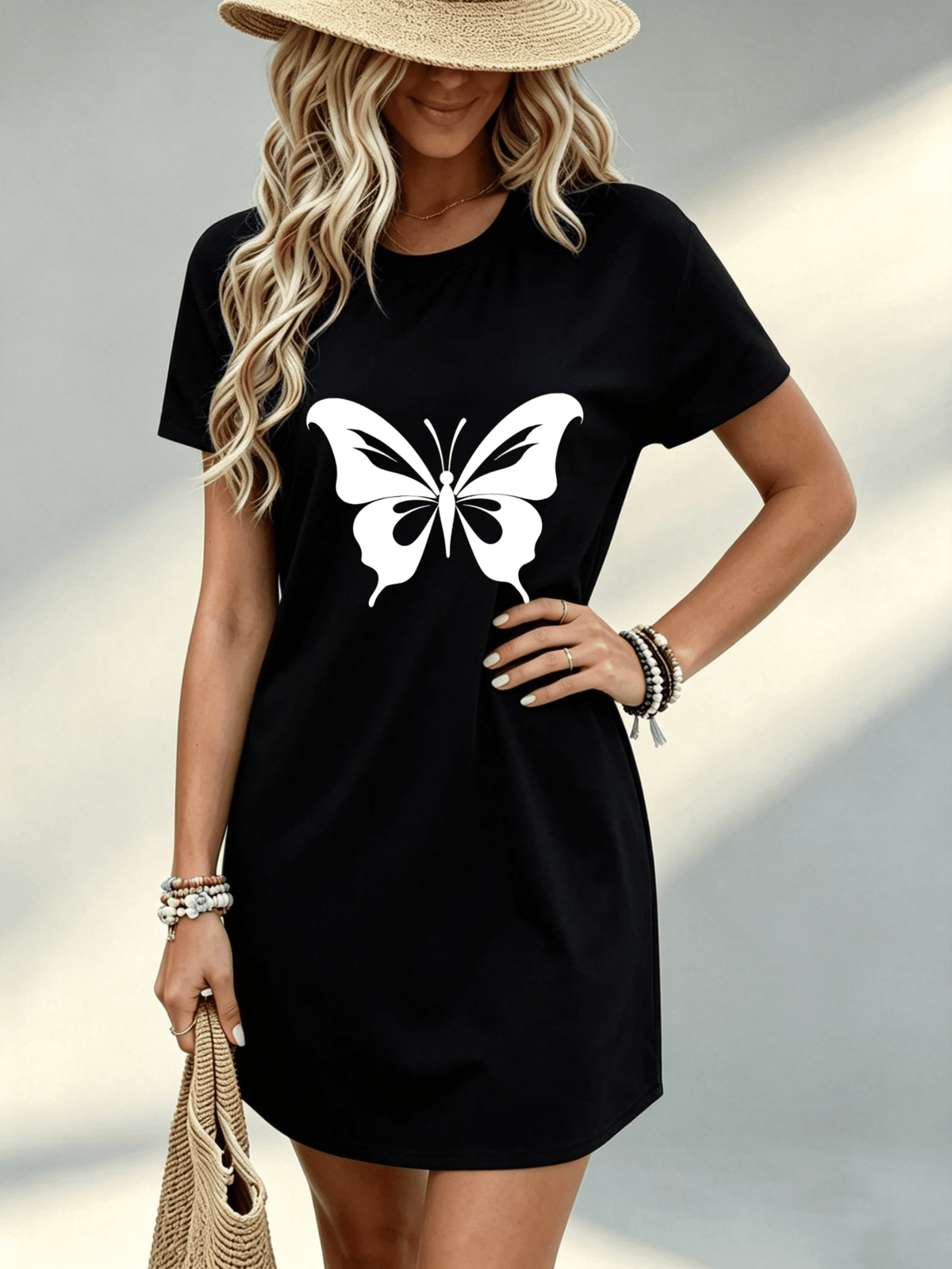 Printed Design Not Textured, Casual Style, Women Dress, Butterfly Print, Daily Wear, Gift for Her, 100 Percent Polyester - Black