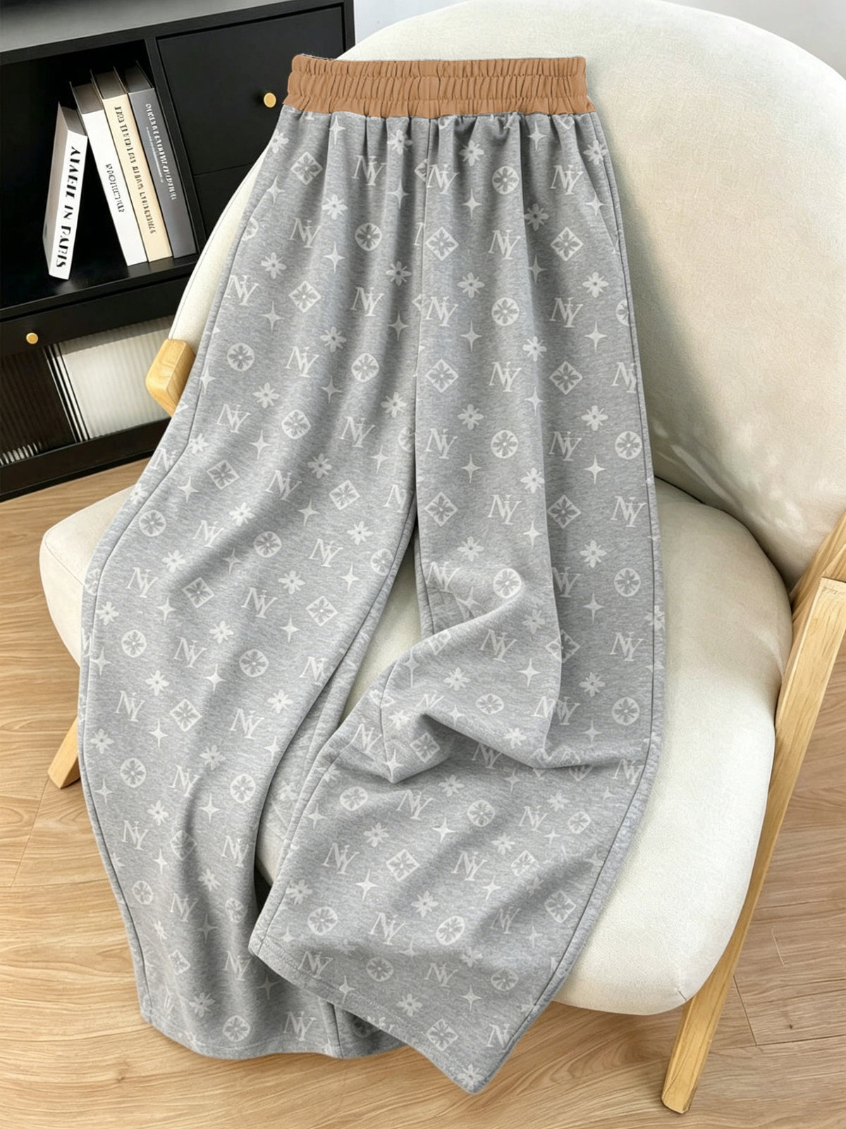Women's Minimalist Printed Casual Pants, Drawstring Pocket Straight-Leg Trousers, Machine Washable and Hand Washable - Light Grey