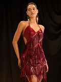 An Elegant Party Dress for Women, Featuring a Stylish Sequined Fringe Design, a Sexy Short Dress in Solid Color, Perfect for Festivals, Parties, Stage Performances, Banquets, And Evening Events - Ling Shan Model L10059 - Burgundy