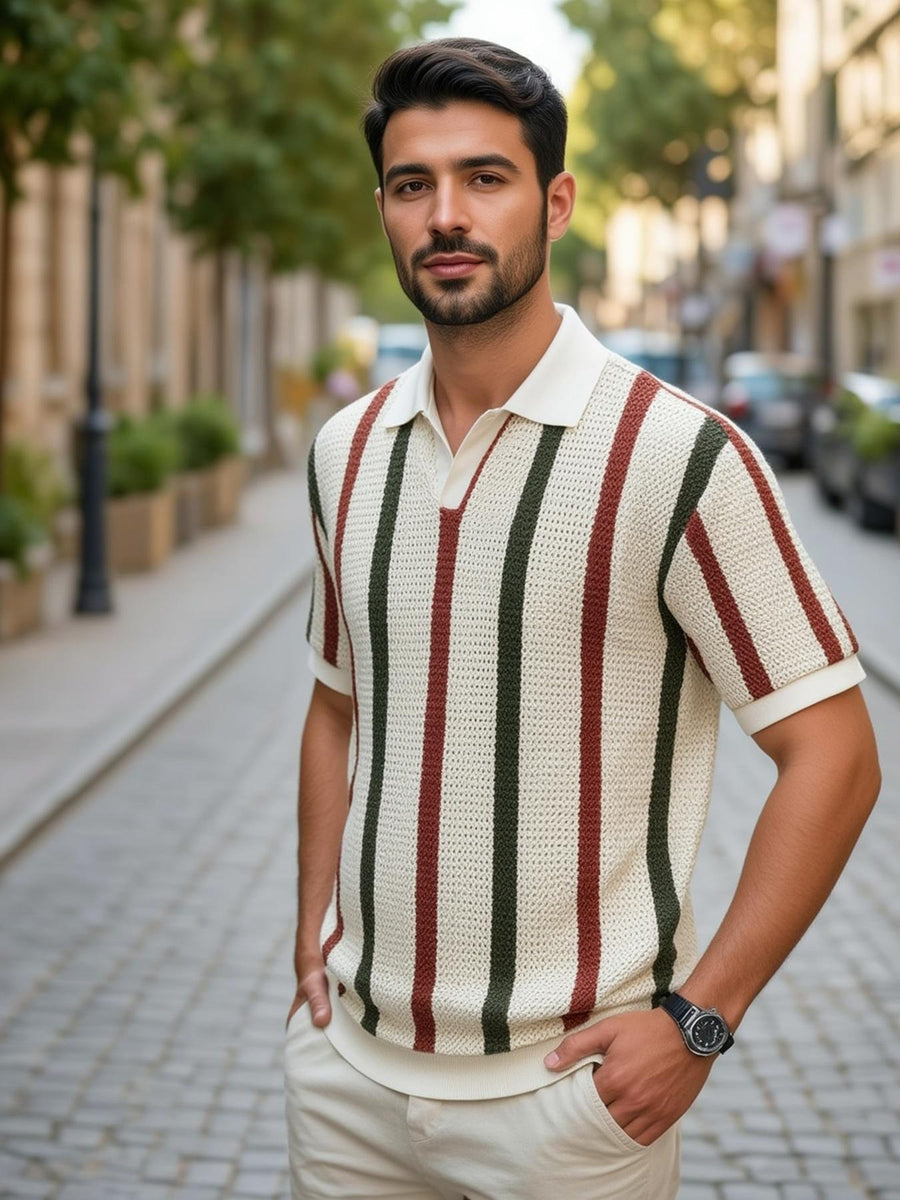 Summer New Men'S Color-Block Striped Knit Polo Shirt, Summer Breathable Knit Mesh Top - Khaki