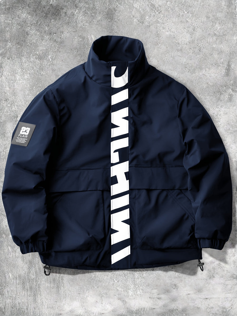Men's Stand Collar Jacket with Letter Print, Fashionable and Versatile, Large Pocket Design, Suitable for Outdoor Activities, School, Daily Commute, All-Season Wear. XMJK093 - Dark Blue 2