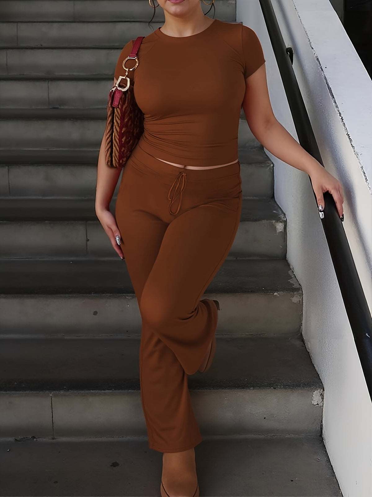 Women'S 2pcs Short Sleeve Top And Wide-Leg Pants Set, Fake Drawstring Waistband, Casual All-Season Outfit, Comfortable Home Wear, Daily Attire, Casual Style, Short Sleeve Top, Women'S Set, Women'S Clothing, Fashion Top, Autumn Women'S Wear - Light Brown-1