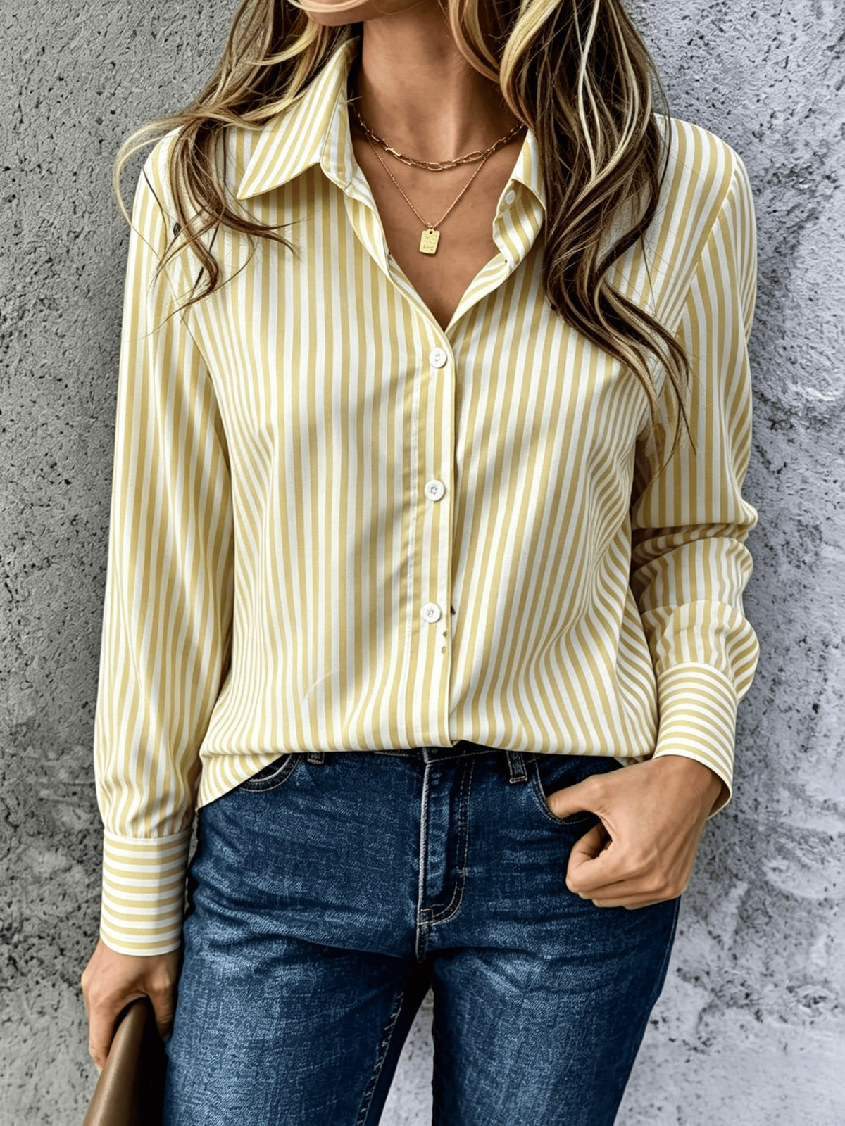 Women's Yellow Striped Button- Shirt Lapel Collar Button-Front Suitable for Casual Office Wear, Machine Washable Smooth Non-Stretch Fabric Year-Round Professional Attire for - Button-Up Shirt - Yellow